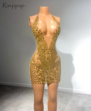 Load image into Gallery viewer, Sparkly See Through Sexy Women Birthday Party Gowns V-neck Luxury Crystals Black Girls Gold Short Prom Dresses 2022