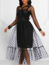 Load image into Gallery viewer, Women Black Mesh Two Pieces Set Polka Dot See Through Transparent Shirts Tops Tulle Skirts Lining Elastic Waist Pleated Jupes