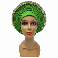 Load image into Gallery viewer, Latest Blue African Hijab Caps with Diamonds Already Made Aso Oke Gele Headtie Turban Head Wrap for Ladies XM424-1