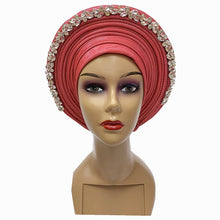 Load image into Gallery viewer, Latest Blue African Hijab Caps with Diamonds Already Made Aso Oke Gele Headtie Turban Head Wrap for Ladies XM424-1