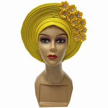 Load image into Gallery viewer, Gold Headtie Gele Nigerian African Hat Aso Oke Auto Gele Headtie Already Made Turban Cap for Women 1 Set