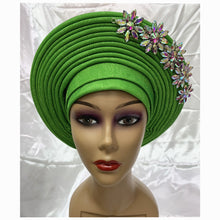 Load image into Gallery viewer, New Blue African Headtie Diamonds Women Turban Cap Muslim Headscarf Already Made to Hijab Turban for Wedding Gele XM420-2