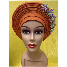 Load image into Gallery viewer, New Blue African Headtie Diamonds Women Turban Cap Muslim Headscarf Already Made to Hijab Turban for Wedding Gele XM420-2