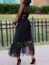 Load image into Gallery viewer, Women Black Mesh Two Pieces Set Polka Dot See Through Transparent Shirts Tops Tulle Skirts Lining Elastic Waist Pleated Jupes