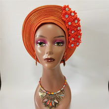 Load image into Gallery viewer, Gold Headtie Gele Nigerian African Hat Aso Oke Auto Gele Headtie Already Made Turban Cap for Women 1 Set