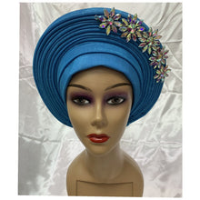 Load image into Gallery viewer, New Blue African Headtie Diamonds Women Turban Cap Muslim Headscarf Already Made to Hijab Turban for Wedding Gele XM420-2