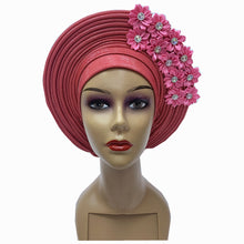 Load image into Gallery viewer, Gold Headtie Gele Nigerian African Hat Aso Oke Auto Gele Headtie Already Made Turban Cap for Women 1 Set