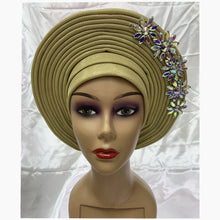 Load image into Gallery viewer, New Blue African Headtie Diamonds Women Turban Cap Muslim Headscarf Already Made to Hijab Turban for Wedding Gele XM420-2