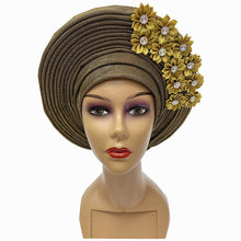 Load image into Gallery viewer, Gold Headtie Gele Nigerian African Hat Aso Oke Auto Gele Headtie Already Made Turban Cap for Women 1 Set