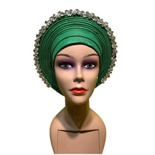 Load image into Gallery viewer, Latest Blue African Hijab Caps with Diamonds Already Made Aso Oke Gele Headtie Turban Head Wrap for Ladies XM424-1