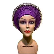 Load image into Gallery viewer, Latest Blue African Hijab Caps with Diamonds Already Made Aso Oke Gele Headtie Turban Head Wrap for Ladies XM424-1