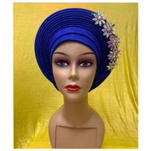 Load image into Gallery viewer, New Blue African Headtie Diamonds Women Turban Cap Muslim Headscarf Already Made to Hijab Turban for Wedding Gele XM420-2