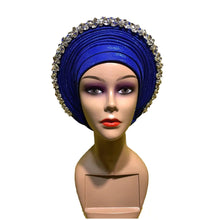 Load image into Gallery viewer, Latest Blue African Hijab Caps with Diamonds Already Made Aso Oke Gele Headtie Turban Head Wrap for Ladies XM424-1