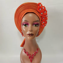 Load image into Gallery viewer, Gold Headtie Gele Nigerian African Hat Aso Oke Auto Gele Headtie Already Made Turban Cap for Women 1 Set