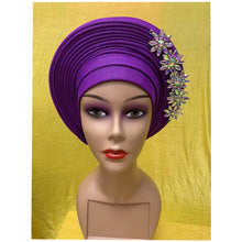 Load image into Gallery viewer, New Blue African Headtie Diamonds Women Turban Cap Muslim Headscarf Already Made to Hijab Turban for Wedding Gele XM420-2