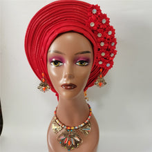 Load image into Gallery viewer, Gold Headtie Gele Nigerian African Hat Aso Oke Auto Gele Headtie Already Made Turban Cap for Women 1 Set