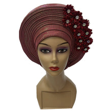 Load image into Gallery viewer, Gold Headtie Gele Nigerian African Hat Aso Oke Auto Gele Headtie Already Made Turban Cap for Women 1 Set