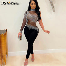 Load image into Gallery viewer, Kricesseen Sexy Black Crystal Diamond Skinny Long Pant Jumpsuit Women One Sleeve See Through Romper Clubwear Fitness Outfits
