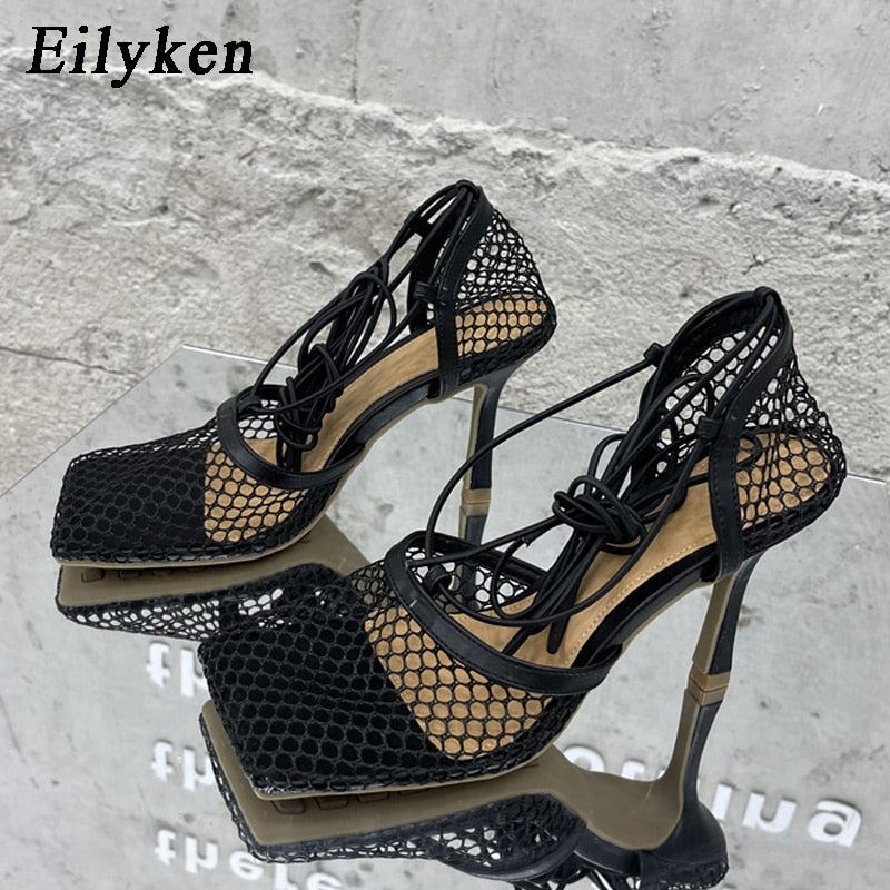 Eilyken New Spring Autumn Mesh Women Ankle Boots Sexy Pointed Toe Zipper Stripper Party Stiletto High Heels Ladies Shoes