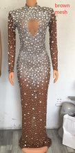 Load image into Gallery viewer, Flashing Silver Crystals Stones Sexy Transparent Long Dress  Evening Birthday Celebrate Mesh Stretch Dance Long Sleeves Dress
