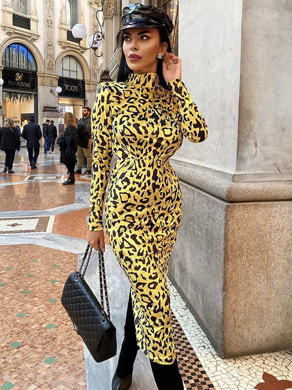 leopard print long sleeve bodycon dress Leopard Print Long Sleeve Slim Bodycon Party Dress main image 0